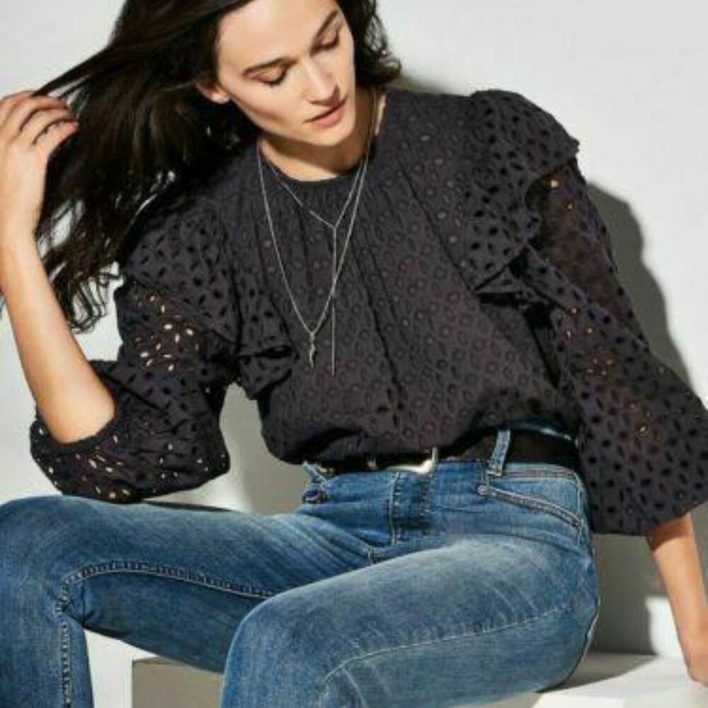 Happyxnature Kate Hudson Eyelet Embroidered Blouse Top Ruffle Black XS